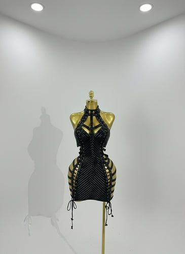 Black Leather Hollow Out Gothic Bandage Halter Short Dress