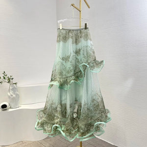 Pure Silk Mint Green Pearl  Skirt Set