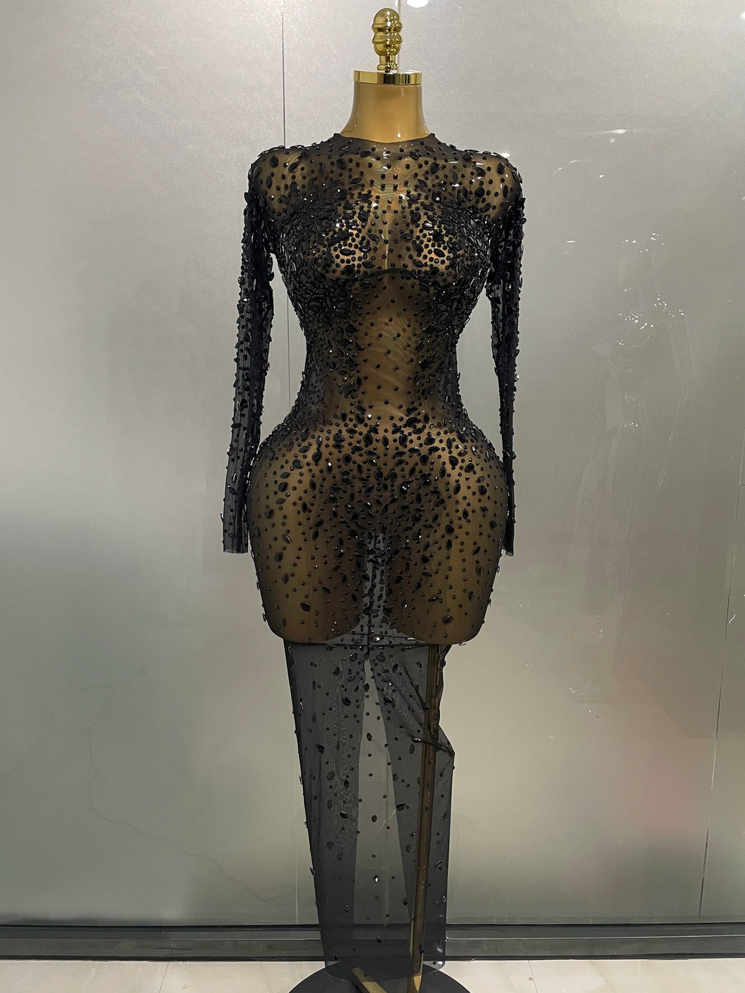 Shinny Rhinestone Stretch Mesh Transparent Dress