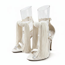 Load image into Gallery viewer, Luxury chartreuse fringe high heel sandals with oversized tassels, square open toe, ankle strap, and stiletto heel for resort wear, parties, and special occasions.