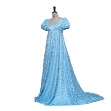 Load image into Gallery viewer, Powder blue Regency-inspired formal gown featuring puff sleeves, empire waist and all-over three-dimensional floral appliqué.