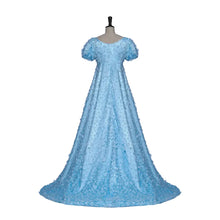 Load image into Gallery viewer, Powder blue Regency-inspired formal gown featuring puff sleeves, empire waist and all-over three-dimensional floral appliqué.