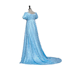 Load image into Gallery viewer, Powder blue Regency-inspired formal gown featuring puff sleeves, empire waist and all-over three-dimensional floral appliqué.