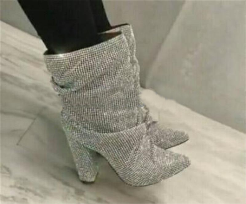 Luxury Pointed Toe Bling Bling Rhinestone Chunky Heel Boots