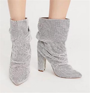 Luxury Pointed Toe Bling Bling Rhinestone Chunky Heel Boots