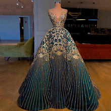 Load image into Gallery viewer, Elegant Golden Sequin Applique A-Line Evening Dress