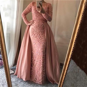 Luxury Pink  Mermaid  Evening Dress  Train Long Sleeves Beading Crystal Evening Gown