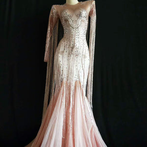 Tassel Pink Long Dress Sparkly Rhinestone