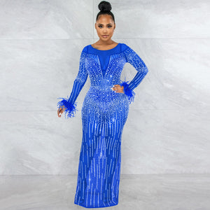 Hot Drill Mesh See Though Feather Long Sleeve Mermaid Maxi Dress