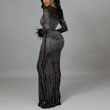 Load image into Gallery viewer, Hot Drill Mesh See Though Feather Long Sleeve Mermaid Maxi Dress