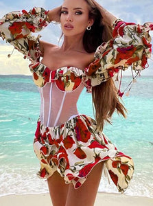 Sexy Flower Puff Sleeve Print  Dress