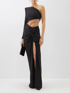 One-Shoulder High Slit Ruched Design Evening Party Dress