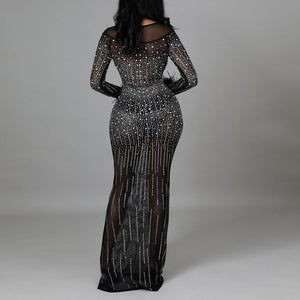 Hot Drill Mesh See Though Feather Long Sleeve Mermaid Maxi Dress