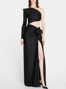 One-Shoulder High Slit Ruched Design Evening Party Dress