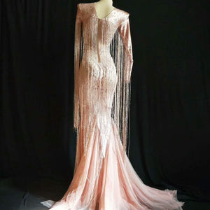 Tassel Pink Long Dress Sparkly Rhinestone