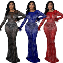 Load image into Gallery viewer, Hot Drill Mesh See Though Feather Long Sleeve Mermaid Maxi Dress