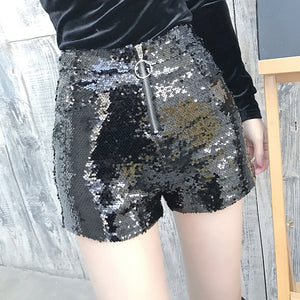 Sequin Shorts High Waist O-Ring Zip Front Bodycon