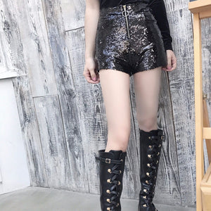 Sequin Shorts High Waist O-Ring Zip Front Bodycon