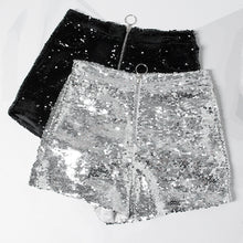 Load image into Gallery viewer, Sequin Shorts High Waist O-Ring Zip Front Bodycon