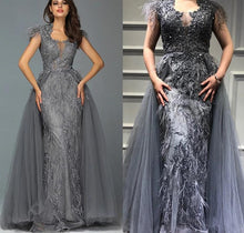 Load image into Gallery viewer, Dubai Grey Sleeveless Tulle Evening Dress