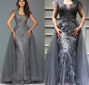 Dubai Grey Sleeveless Tulle Evening Dress