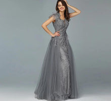 Load image into Gallery viewer, Dubai Grey Sleeveless Tulle Evening Dress