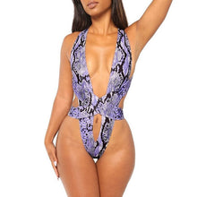 Load image into Gallery viewer, Cross Bandage Monokini Snake print One piece swimsuit