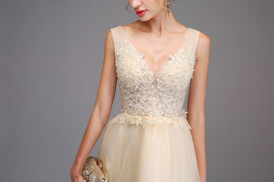 Sexy V-neck Backless Champagne Lace Appliques Asymmetrical