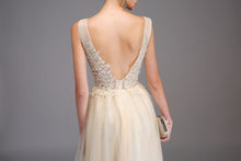 Load image into Gallery viewer, Sexy V-neck Backless Champagne Lace Appliques Asymmetrical