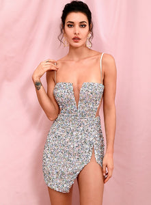 Sexy Tube Top Silver Cut Out Stretch Sequin Bodycon