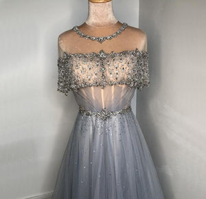 Blue O-Neck Diamond Sequins Sexy Evening Dress