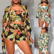 Load image into Gallery viewer, Floral Top Shorts Cardigan Long Sleeve Jumpsuit
