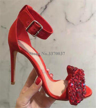 Load image into Gallery viewer, Open Toe Suede Leather Rhinestone Thin Heel Sandals