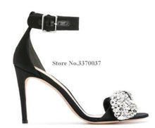 Load image into Gallery viewer, Open Toe Suede Leather Rhinestone Thin Heel Sandals
