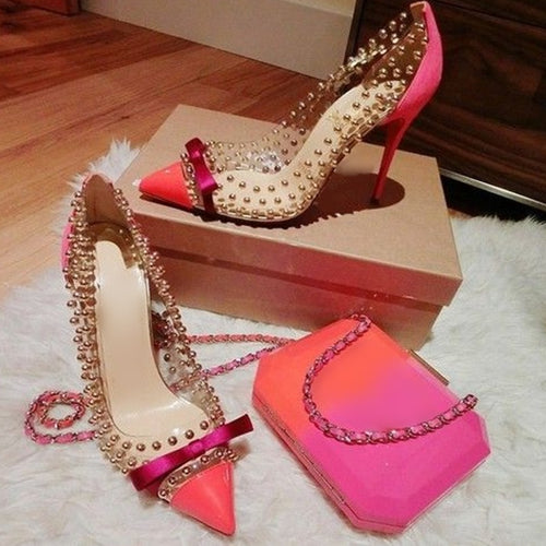 Pink Suede Heels Bowtie High Heel Shoes