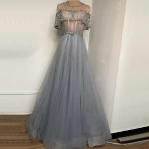 Blue O-Neck Diamond Sequins Sexy Evening Dress