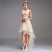 Load image into Gallery viewer, Sexy V-neck Backless Champagne Lace Appliques Asymmetrical