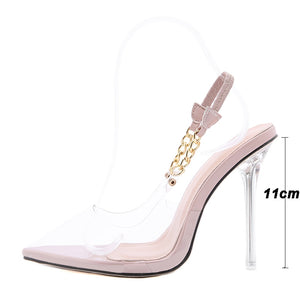Transparent Pumps  Sexy Pointed Toe Chain Design Crystal Heel