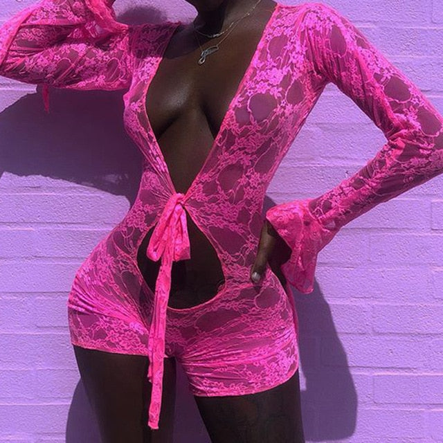 Sexy Fashion Rompers Pink Deep V Neck