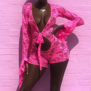 Sexy Fashion Rompers Pink Deep V Neck