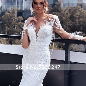 Long Sleeve Lace Mermaid Appliques Beaded Backless