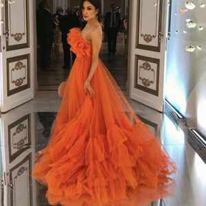 Orange Ruffles Tulle Evening Party Dress