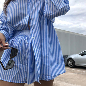 White Blue Striped Blouse and Shorts Sets
