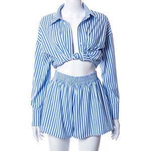 White Blue Striped Blouse and Shorts Sets