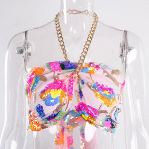 Floral Sequin Embroidery Pink Summer Crop Top