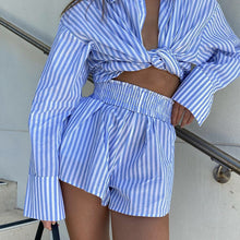 Load image into Gallery viewer, White Blue Striped Blouse and Shorts Sets