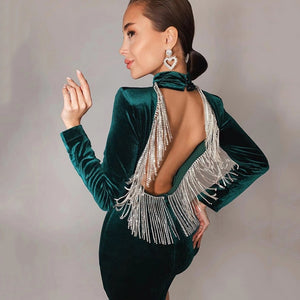 Sexy Backless Diamond Tassel Velvet Dress