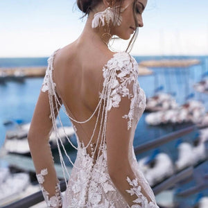Long Sleeve Lace Mermaid Appliques Beaded Backless