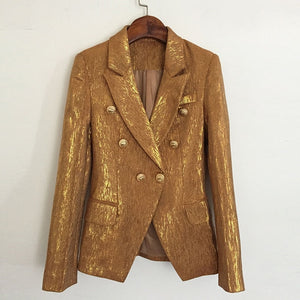 Double Breasted Lion Buttons Slim Fitting Glitter Blazer