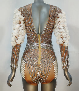 Luxury Pearls Rhinestones Flower Sleeve Bodysuit